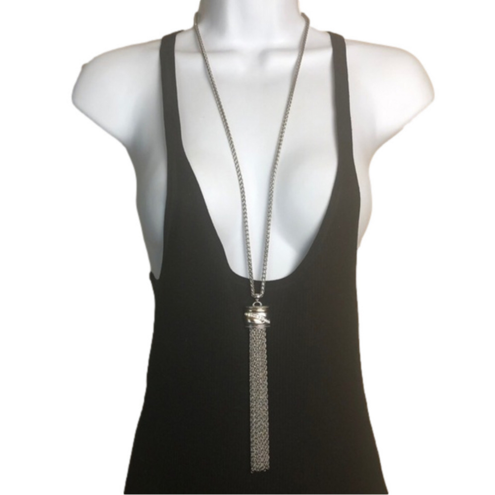 Silver tone long chain tassel necklace trendy, makers mark tag, well made.
